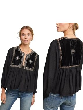 Velvet by Graham & Spencer Black Embroidered Velvet Yoke Blouse